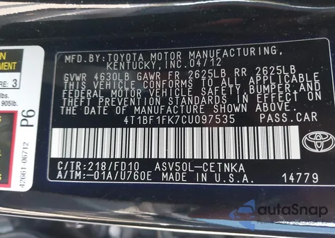 2012 Toyota Camry Le z USA, uszkodzony, nr VIN 4T1BF1FK7CU097535